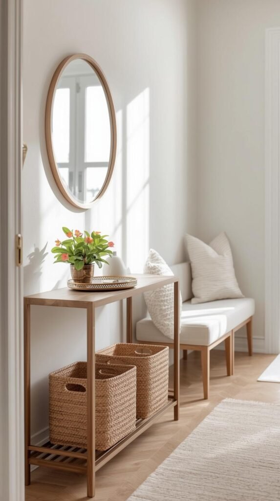Small apartment entryway with slim console table, round mirror, decorative tray for keys, small potted plant, narrow bench with baskets underneath, minimal clutter, stylish renter-friendly organization, bright natural light