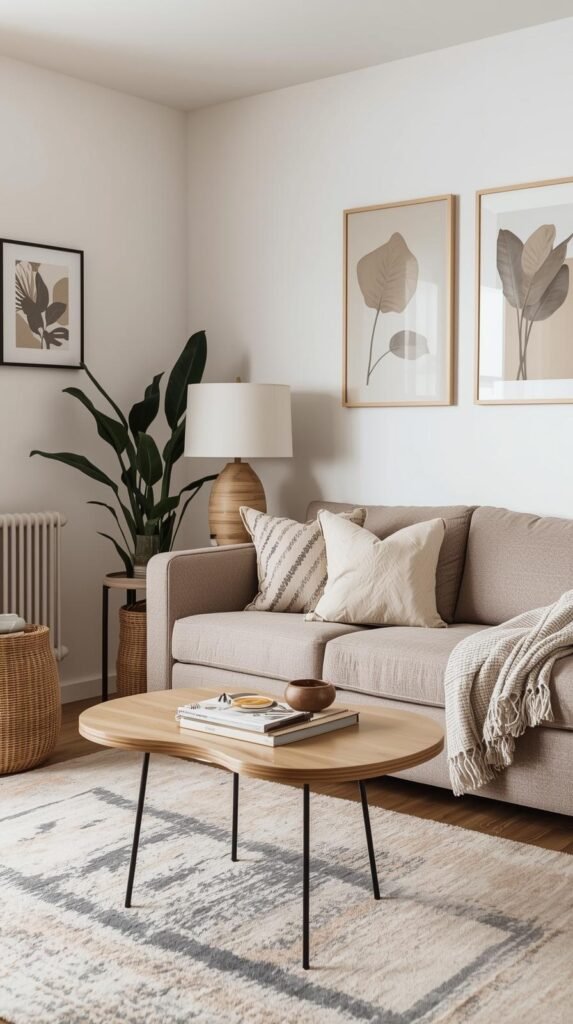 Small apartment living area styled with portable decor pieces. No-drill wall art, lightweight accents, neutral tones.
