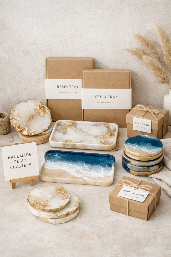Small business resin product setup with finished resin trays and coasters arranged neatly.