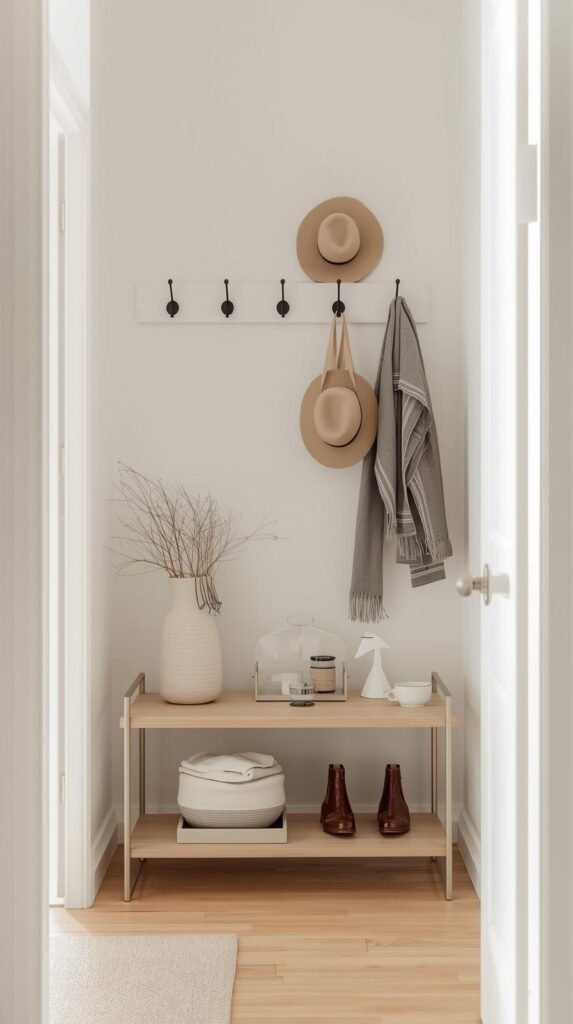 Small entryway vignette with wall hooks, slim tray, and minimal decor accents. Neutral tones, practical styling, welcoming feel.