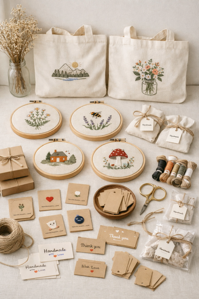 Small handmade embroidery items arranged neatly for selling, embroidery hoops, tote bags, simple packaging materials, tags and labels, clean minimal workspace
