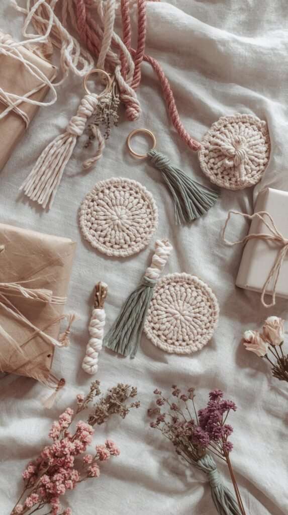 Small macramé gift items arranged neatly_ coasters, keychains, bookmarks, and mini plant hangers.