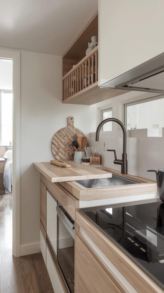Small modern boho kitchen featuring a fold-down wall table, sink-cover cutting board, and compact multi-use fixtures. Neutral tones, clean lines, efficient layout.
