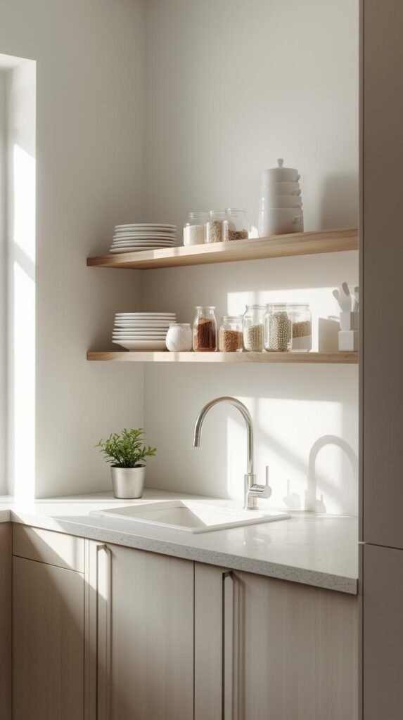 Small modern kitchen storage featuring slim floating shelves above a sink, shallow depth shelving styled with everyday white dishware.