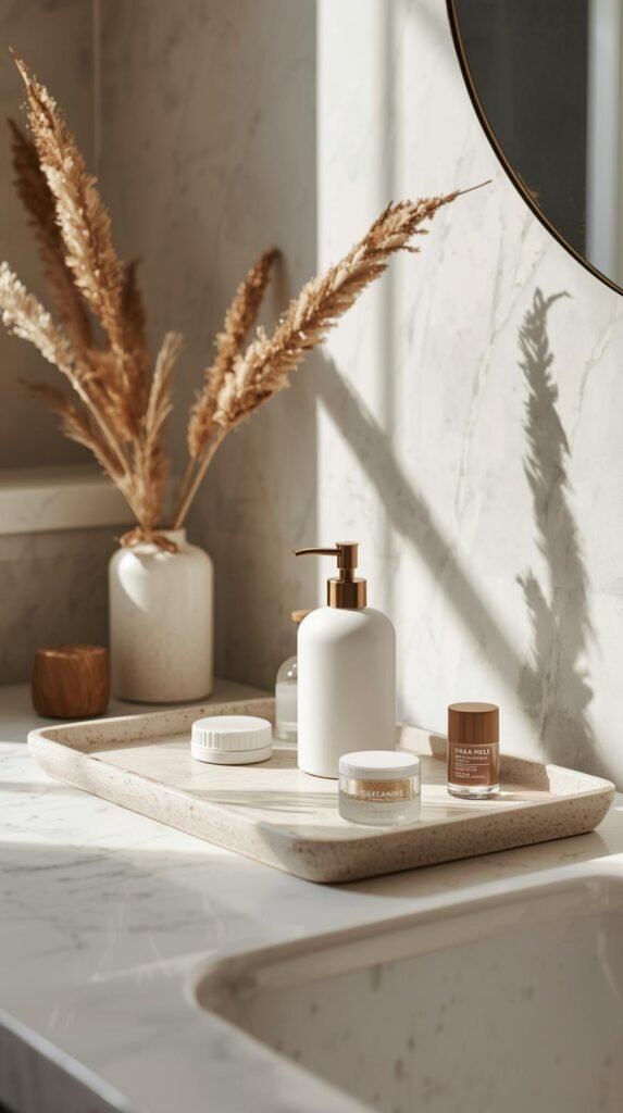 Spa-inspired bathroom vanity styled with a neutral tray, soap dispenser, and minimal accessories.