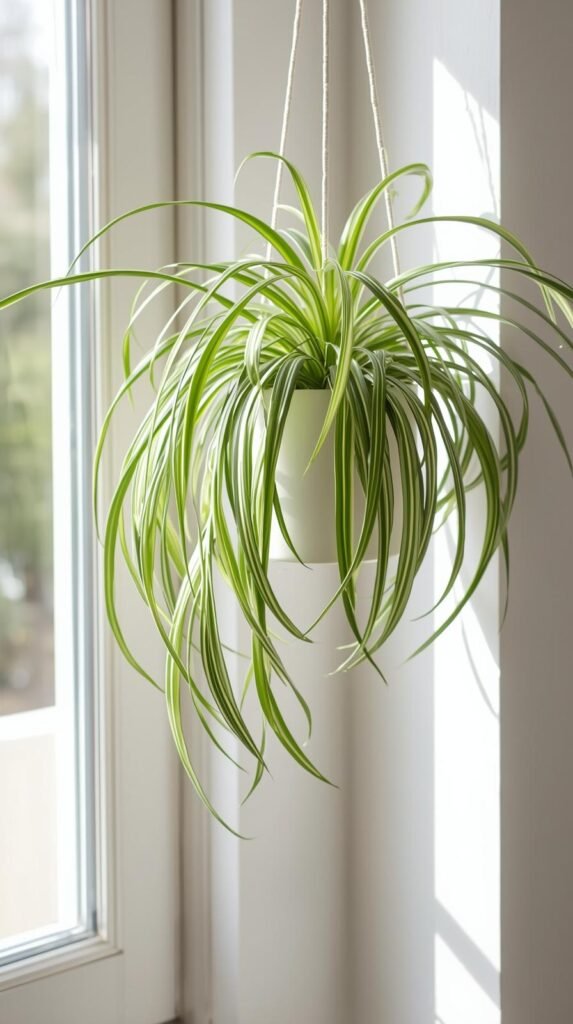 Spider plant in a hanging planter near a window, arching leaves creating movement. Bright, airy room with soft natural light and relaxed decor. 