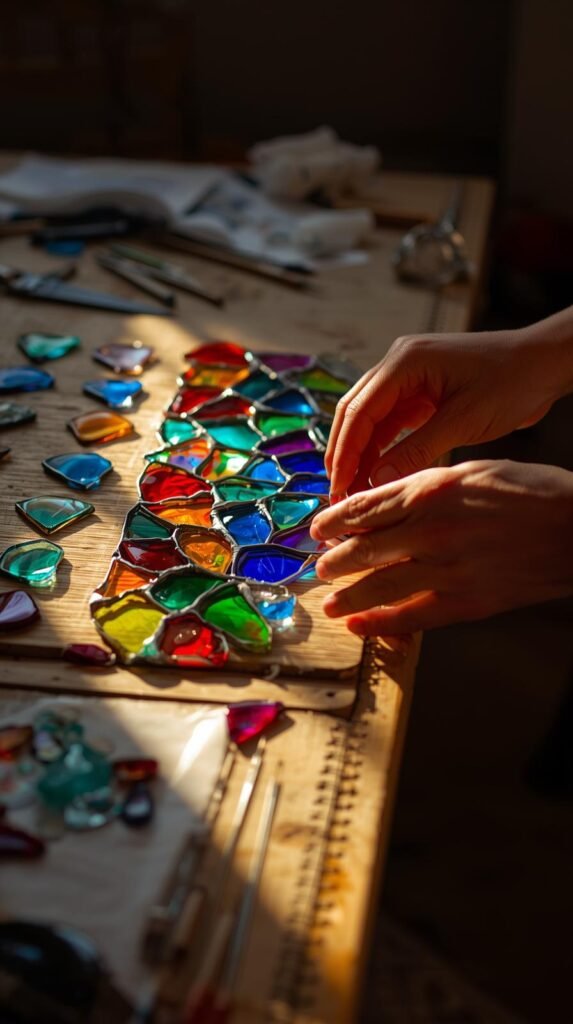 Stained glass crafting scene with small sun catcher design, colored glass pieces arranged neatly