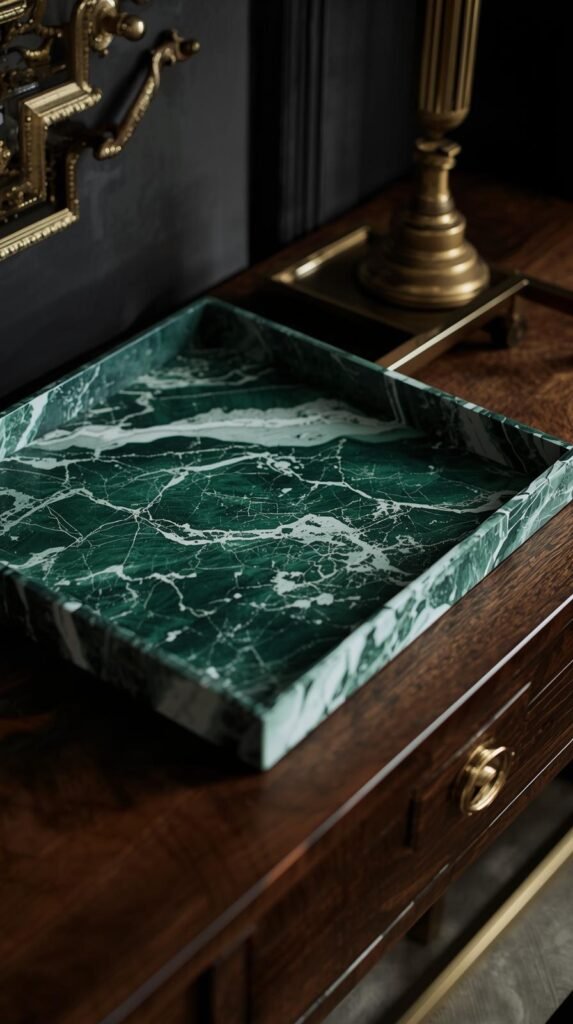 Statement green Calacatta marble tray styled on a console table, rich emerald and white veining, paired with brass decor accents and dark wood furniture