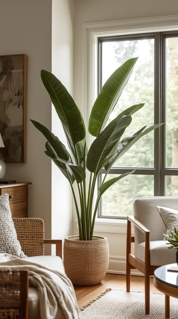 Statement rubber plant with large glossy leaves styled in a living room near a window. 