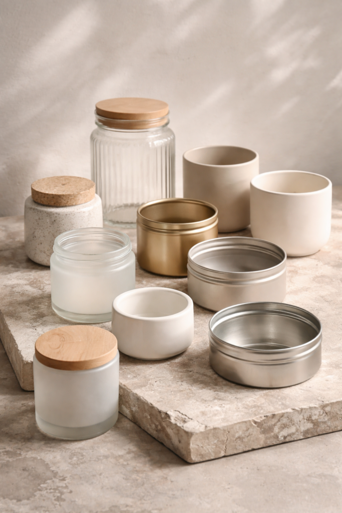 Styled arrangement of candle containers including glass jars, metal tins, and ceramic vessels, empty and unlit, placed on a textured stone or wood surface.