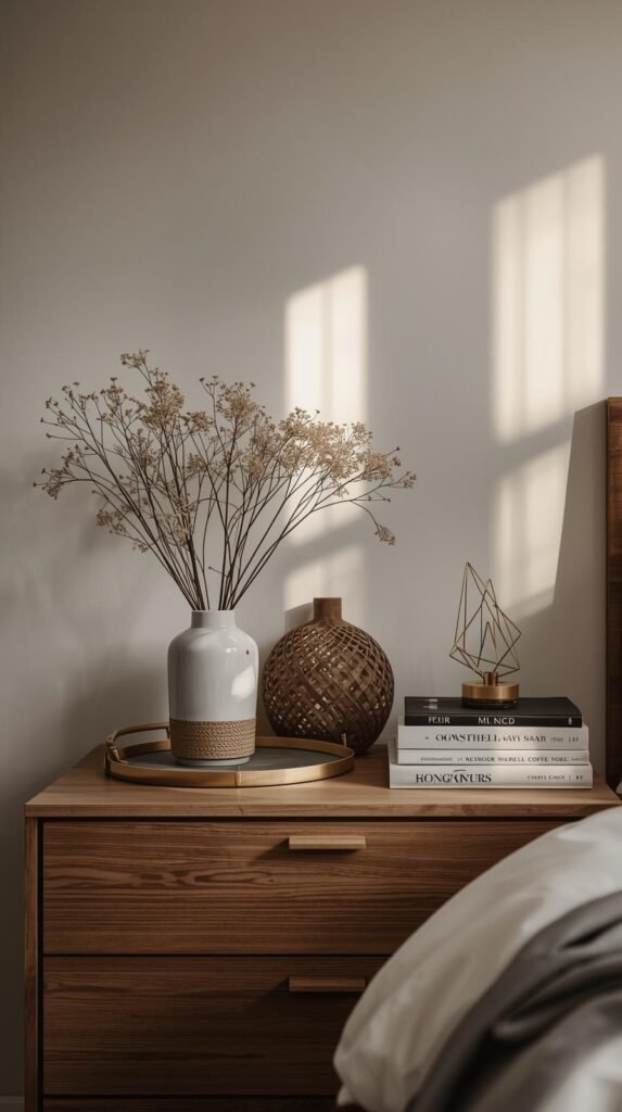 Styled bedroom dresser or nightstand with a decorative tray, ceramic vase, sculptural object, and stacked coffee table books