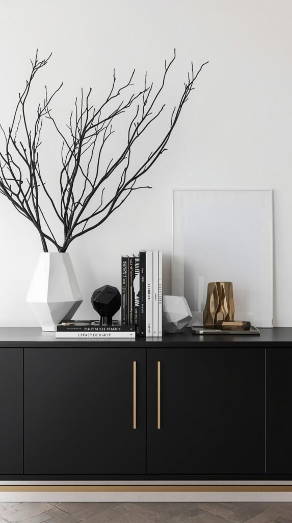 Styled credenza featuring a high-contrast vignette of black, white, and metallic decor objects. 