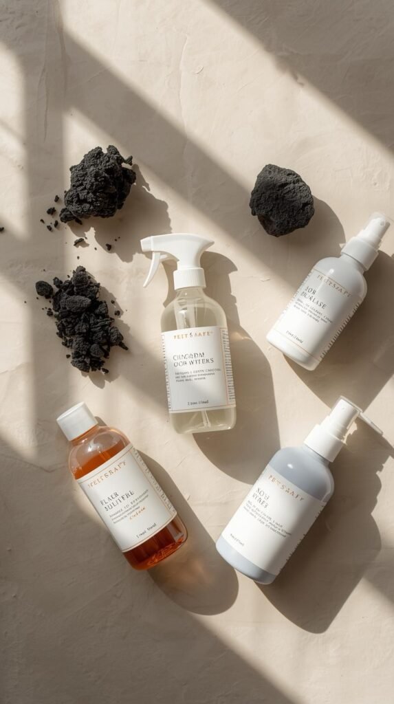 Styled flat lay of pet-safe cleaning products on a neutral surface. Bottles, sprays, charcoal odor absorbers arranged neatly.