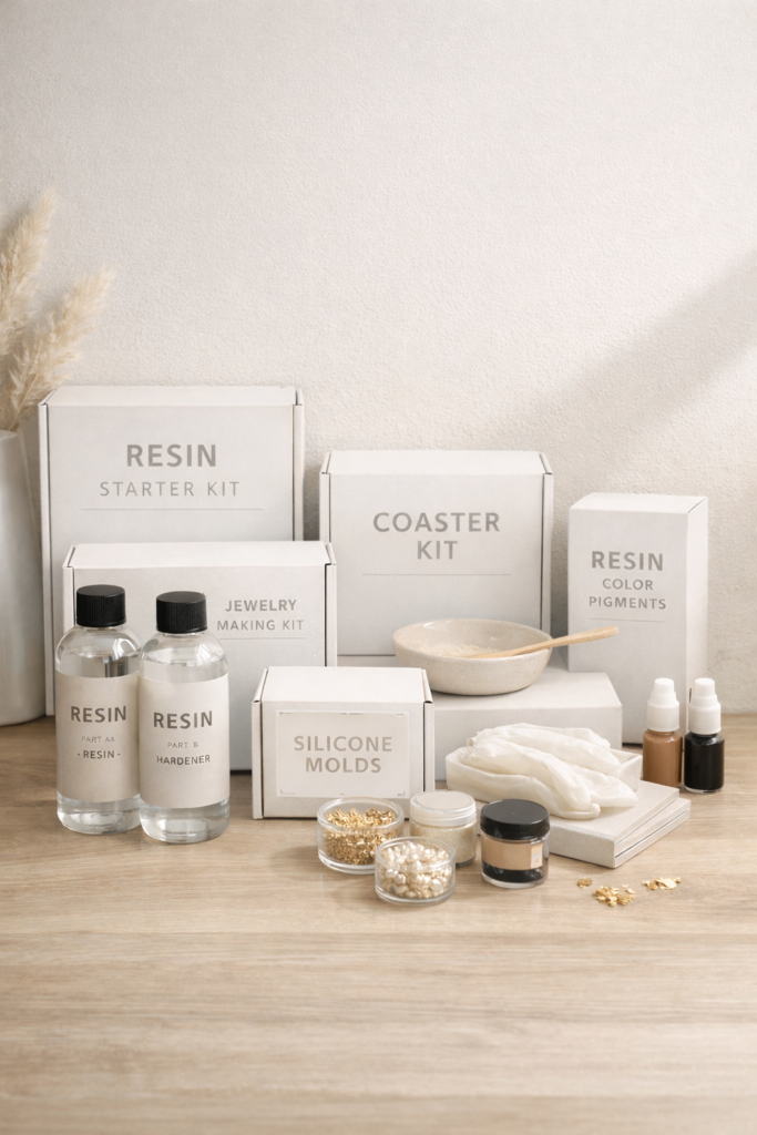 Resin Crafting - Styled grouping of beginner-friendly resin kits arranged neatly on a tabletop, cohesive neutral packaging tones, minimal props.