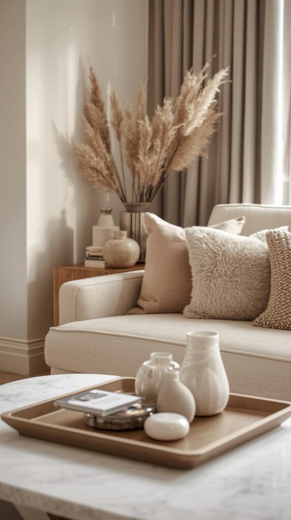 Styled room corner showing final decorative accents tying the space together. Neutral decor objects, tray.