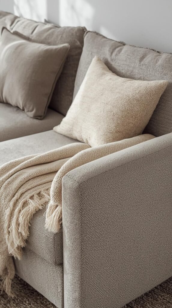 Stylish sofa in a neutral living room with textured fabric upholstery. A folded throw blanket and accent pillow nearby.