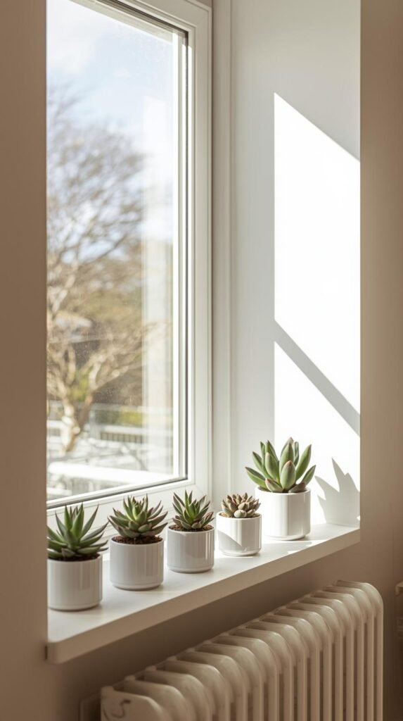 Sunny windowsill with a small collection of indoor succulents in modern planters. Bright natural light, clean kitchen.