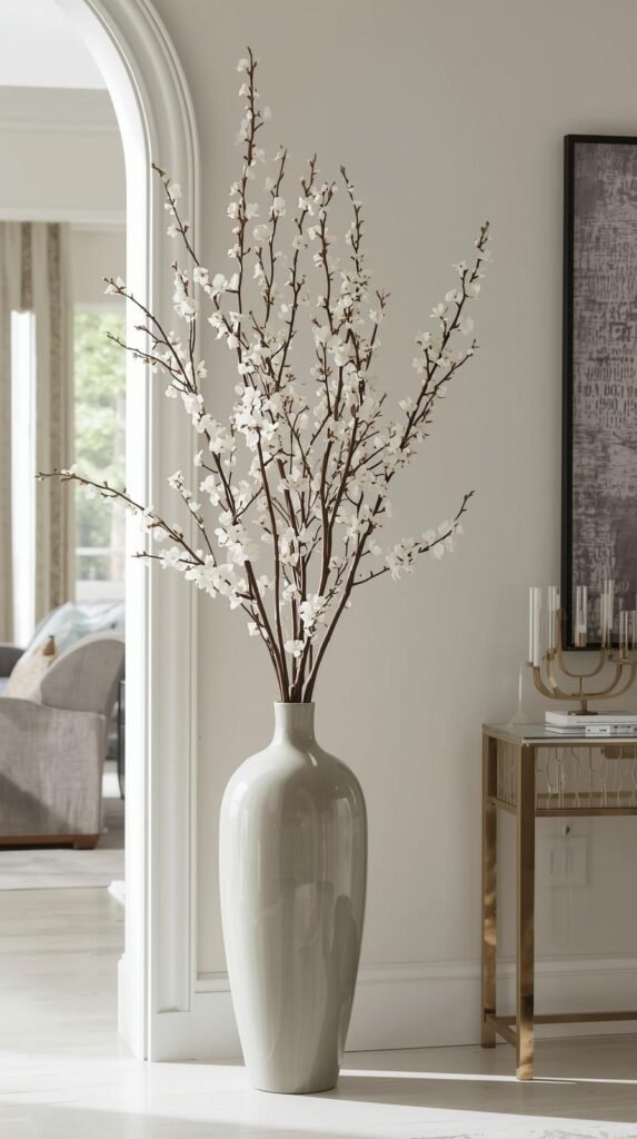 Tall faux cherry blossom branches in soft white or pale blush arranged in a floor vase beside a console table.