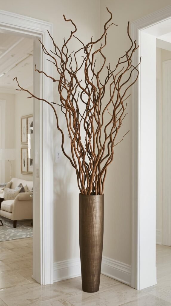 Tall faux curly willow branches styled in a narrow floor vase, emphasizing sculptural lines and movement.