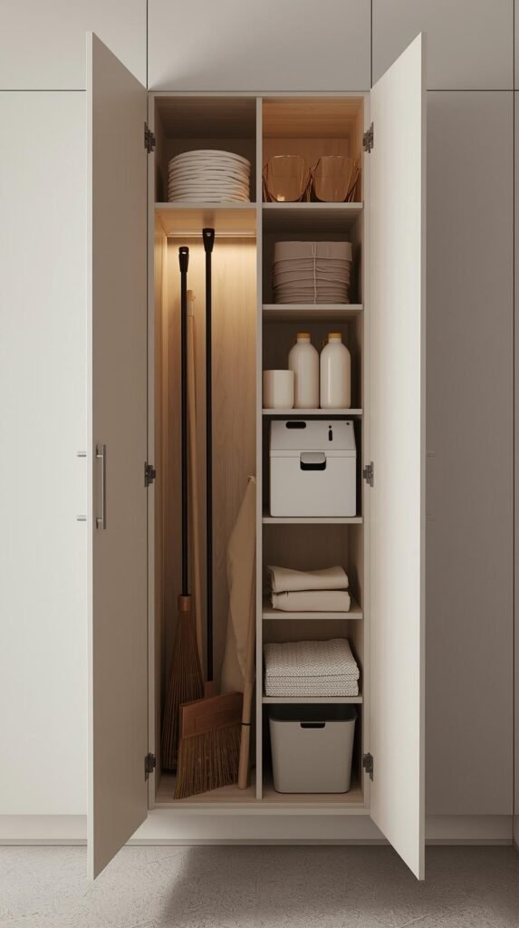Tall, narrow utility cabinet opened to reveal neatly stored brooms and cleaning supplies. Modern cabinetry organized vertical storage, minimal and practical design.