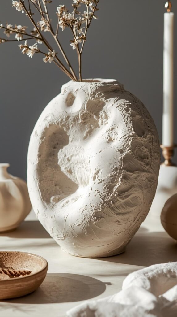Textured vase with plaster-like finish created using baking soda paint technique, organic uneven surface, soft neutral tones, sculptural shape.