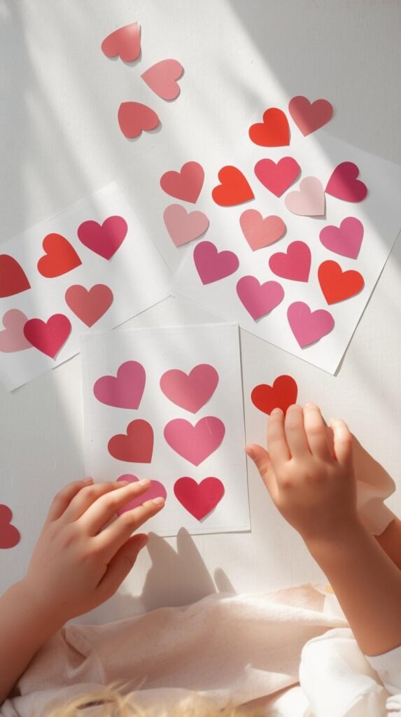 Toddler Valentine craft scene with heart sticker collages on white cardstock, oversized heart stickers in pink, red, and purple, small hands placing stickers.