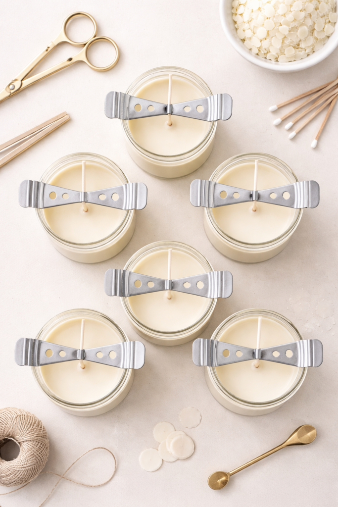 Top-down view of candle jars with centered wicks secured using wick centering bars, clean wax surface.