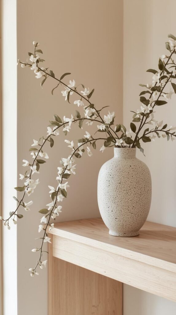 Trailing faux jasmine stems gently draping from a ceramic vase on a console or shelf. 