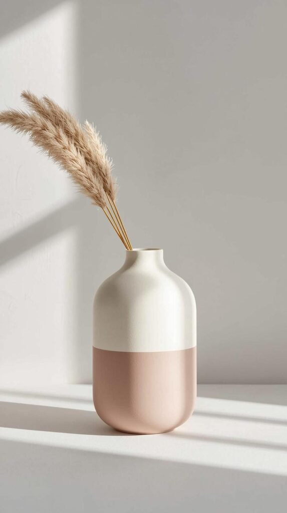 Two-tone color block vase with crisp painted edge, modern neutral color pairing, simple sculptural shape.