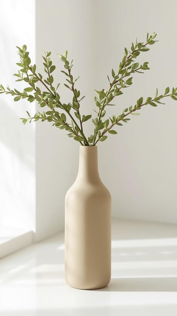 Upcycled glass bottle vase with matte painted finish, modern sustainable decor aesthetic, clean silhouette.