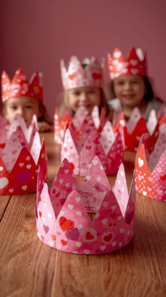 Valentine paper crowns decorated with heart stickers and playful patterns, laid out on a table or worn by children from behind.