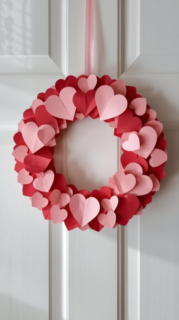 Valentine paper wreath made from layered heart cutouts on a paper plate base, hanging on a door or wall, soft pinks and reds.