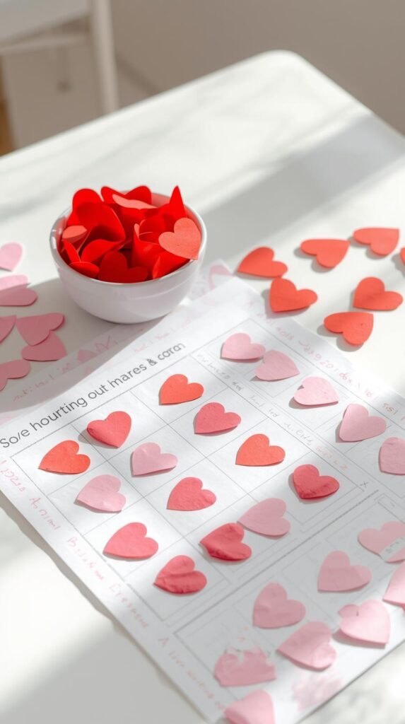 Valentine-themed math craft using paper hearts for counting and sorting, worksheet and craft hybrid, clean classroom desk setup.