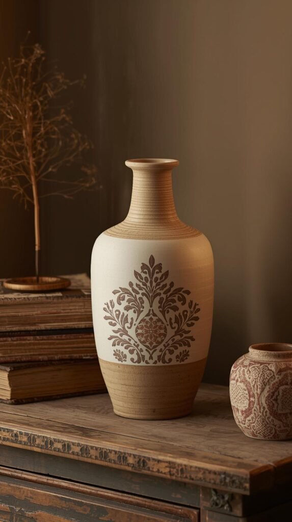 Vintage-inspired vase with delicate rub-on transfer detailing, neutral base with subtle antique pattern, collected old-world feel, styled on wood surface with books or pottery, warm soft lighting, classic editorial decor photography, Pinterest-worthy, 9:16 vertical format