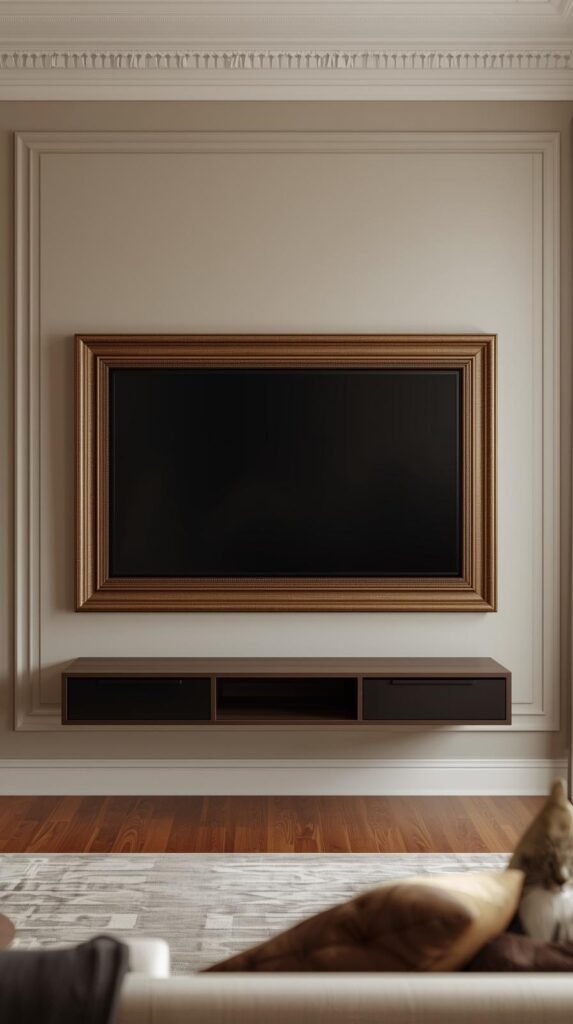 Wall-mounted flat screen TV framed with a wood frame on the tv, modern living room with floating media console, neutral and warm tones.