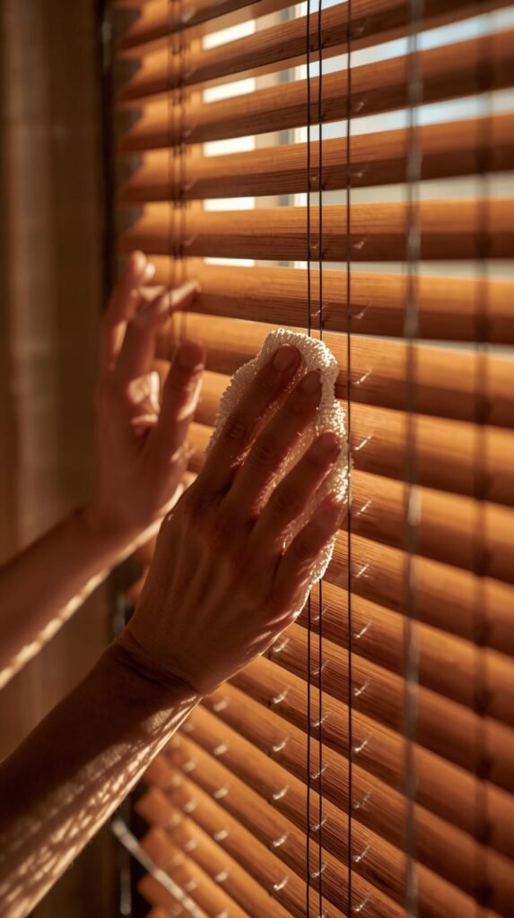 Warm, editorial image of real wood blinds in a living room setting. Hands gently wiping slats with a microfiber cloth. Rich wood grain visible.