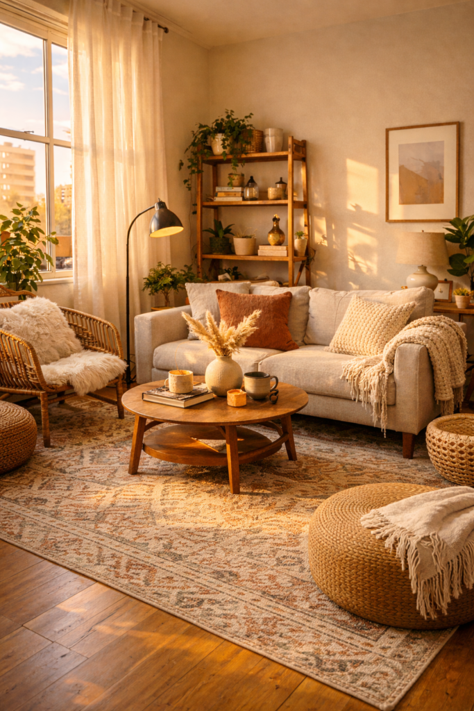 Warm modern apartment interior at golden hour, soft sunlight streaming through windows, layered rugs, cozy seating, plants, textured textiles.