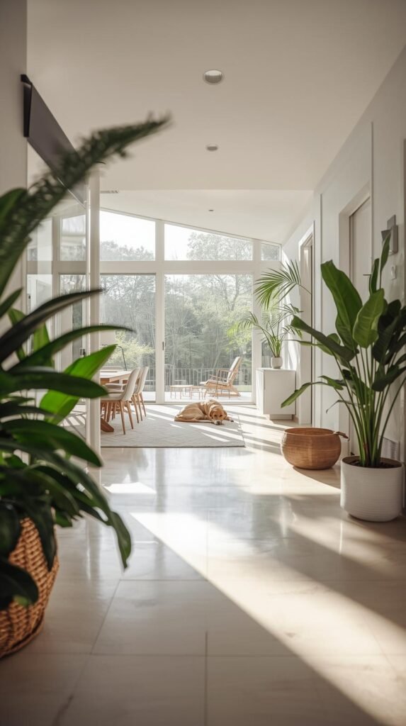 Wide-angle shot of an open-concept home interior with living room and dining area visible. Airy, bright space with neutral decor, plants, and sunlight. A dog resting calmly in the background. Emphasis on fresh air, openness, and cleanliness.