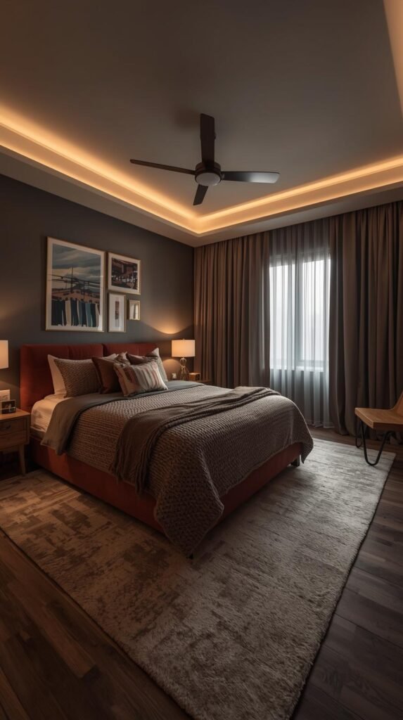 Wide-angle view of a fully styled moody modern bedroom showing layered lighting, textured bedding, curated art, rug, curtains, and accent furniture. 