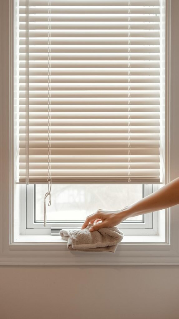 Wide editorial shot of a window with blinds being cleaned while a towel or drop cloth is neatly placed below.