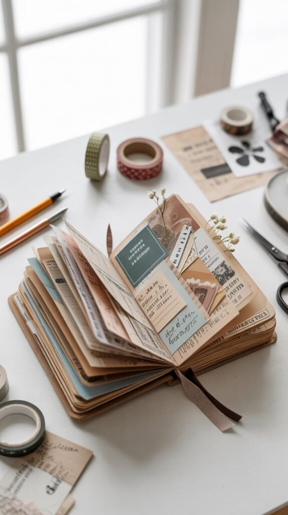 A finished junk journal resting on a desk, slightly chunky and well-loved. 