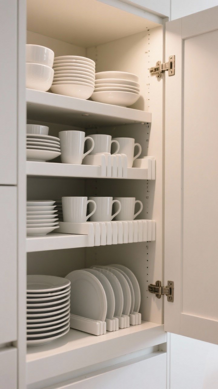 Photorealistic closeup inside a cabinet showing stacking shelf risers in matching white, maximizing vertical space: mugs neatly above plates, bowls above bowls; door cracked open to show measured clearance; soft, diffuse interior lighting; calm, organized composition with modern dishware.