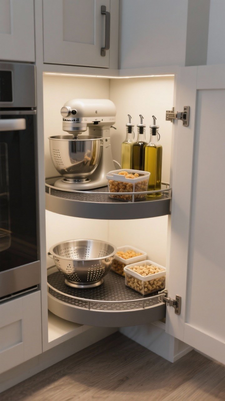 Photorealistic closeup inside a corner base cabinet with a two-tier lazy Susan/kidney shelf in motion, non-slip surfaces; organized with bulkier items: mixer, colanders, snack bins, tall oils on adjustable height; soft cabinet lighting, matte hardware, modern finishes.