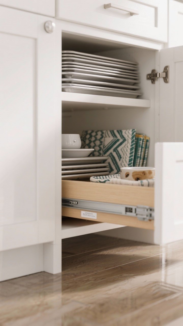 Photorealistic low-angle closeup of a toe-kick drawer pulled out beneath white base cabinets, revealing neatly stacked baking sheets, placemats, and a shallow pet bowl; soft-close slides visible, push-to-open hardware for a clean face; discreet label underside; subtle floor reflection.