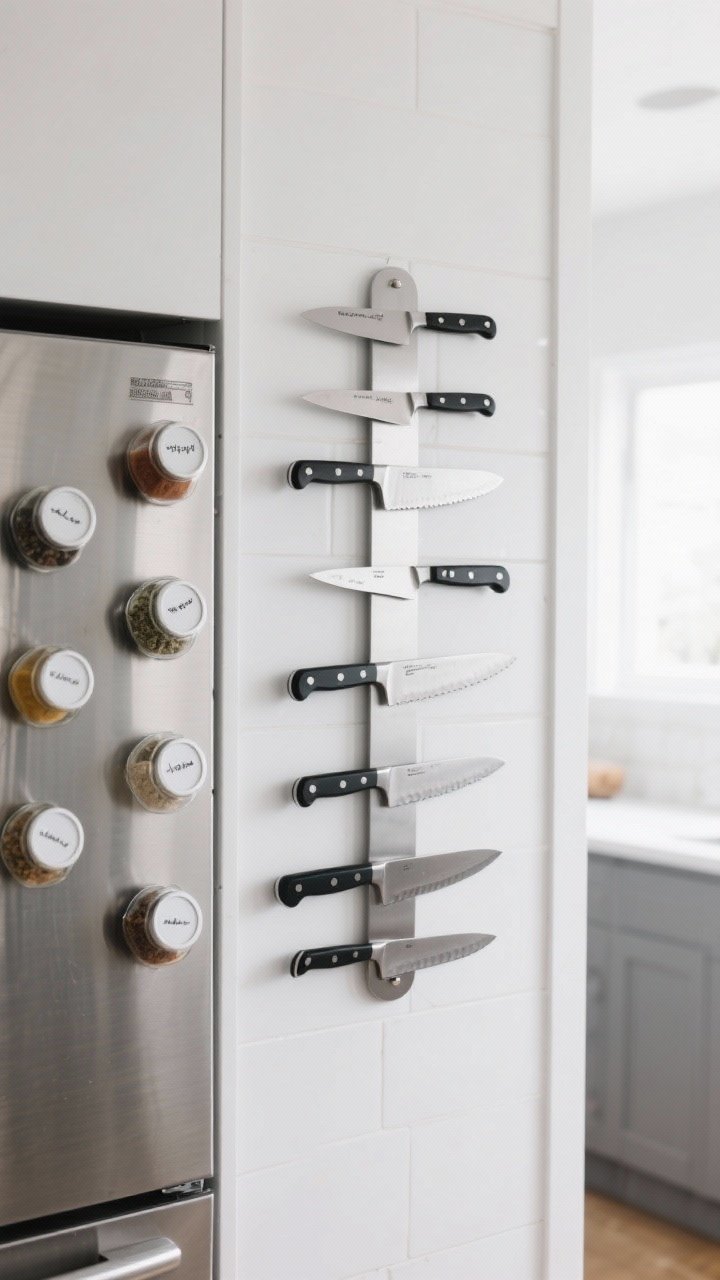 Photorealistic medium closeup of a magnetic knife strip mounted into wall studs on a white backsplash, chef’s knives spaced evenly so blades don’t touch; adjacent stainless fridge side covered with magnetic-backed spice jars with labeled lids; bright natural light, minimal modern vibe.