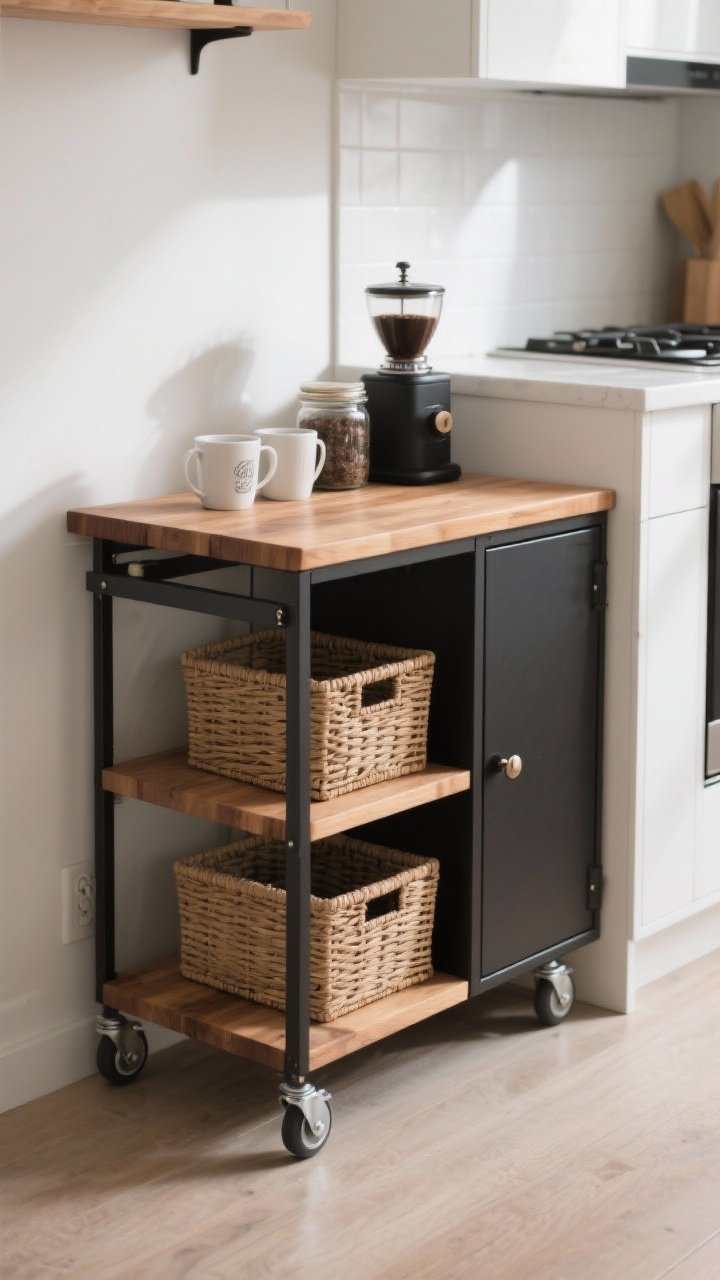 Photorealistic medium shot of a slim rolling kitchen cart with butcher-block top, open shelves with baskets for concealed storage, and locking casters; styled as a coffee station with mugs, grinder, and jars; tucked near a compact galley kitchen, white and wood palette with black accents; soft afternoon light.
