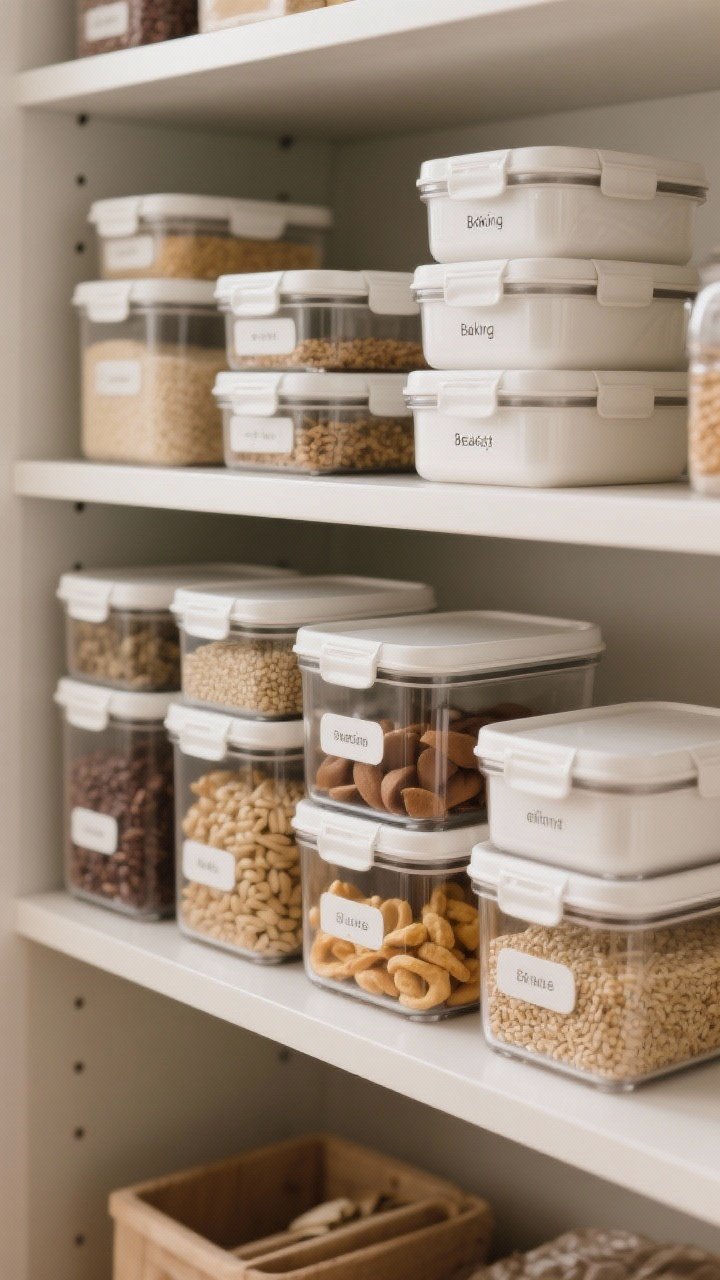 Photorealistic overhead detail shot of a pantry shelf with uniform stackable containers in a few sizes, airtight lids, clearly labeled in simple fonts; groups arranged by use—baking, breakfast, snacks, grains; transparent sides showing contents; serene, minimalist order with soft, even lighting.