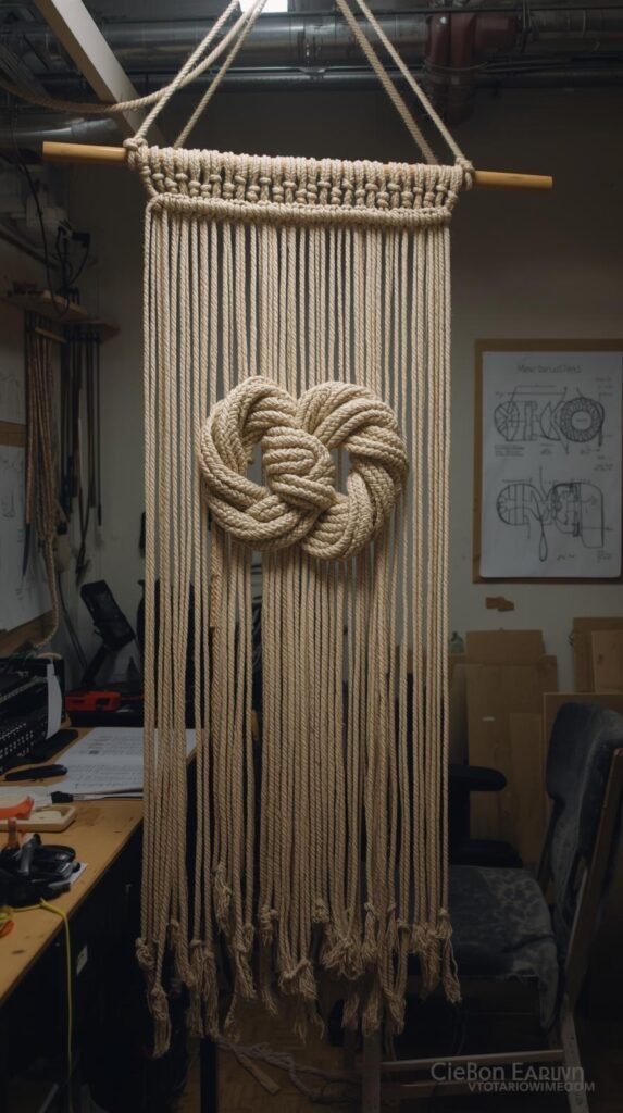Large-scale macramé project mid-construction. Thick cords, mixed rope sizes, complex knot patterns. Minimal written instructions, mostly diagrams. Studio environment with lots of workspace, measuring tape, and hanging rods.
