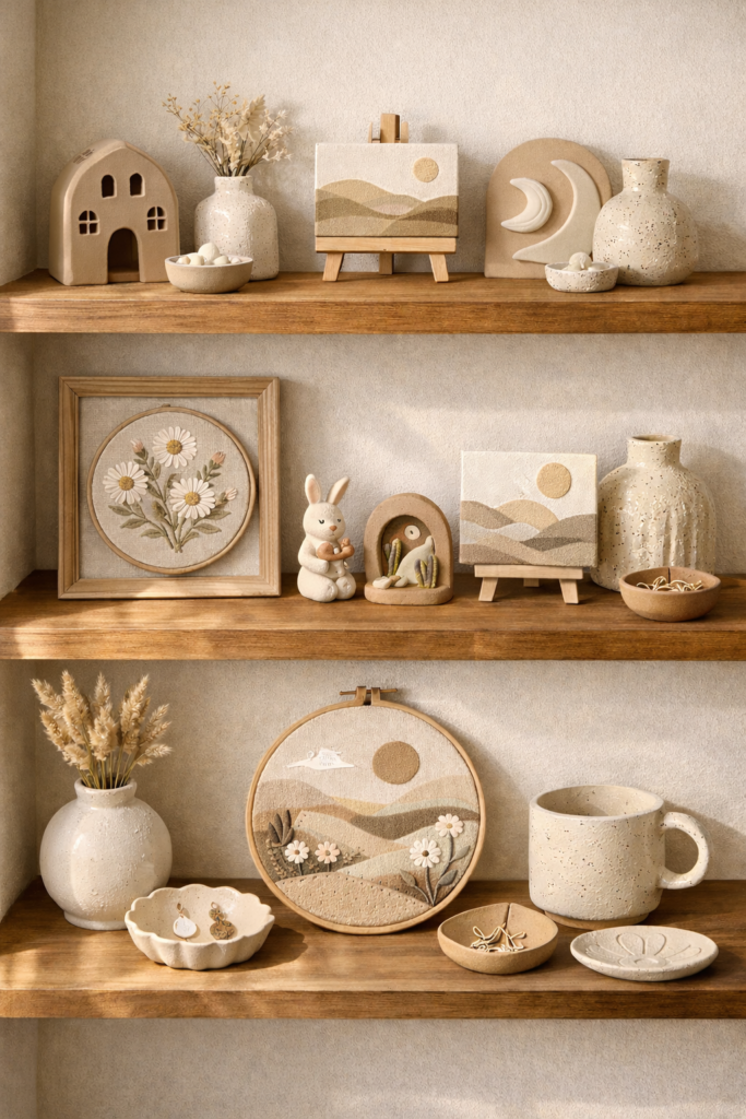 Curated shelf displaying finished handmade crafts including clay pieces, mini art, embroidery, and ceramics.