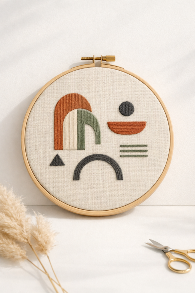 Abstract embroidery design featuring soft arches and geometric shapes in muted rust, sage, and charcoal thread on neutral linen.